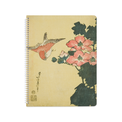 Cotton Roses and Sparrow by Katsushika Hokusai - Spiral Notebook